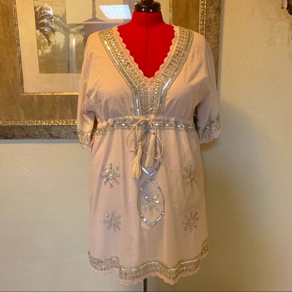 VENUS Dresses & Skirts - Venus Ecru Linen Embellished Sequin Dress Tassel Front size Small